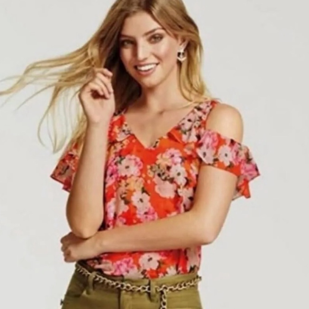 CAbi Flutter Sleeve Ruffled Cold Shoulder Lush Blouse Floral Red Orange and Pink
